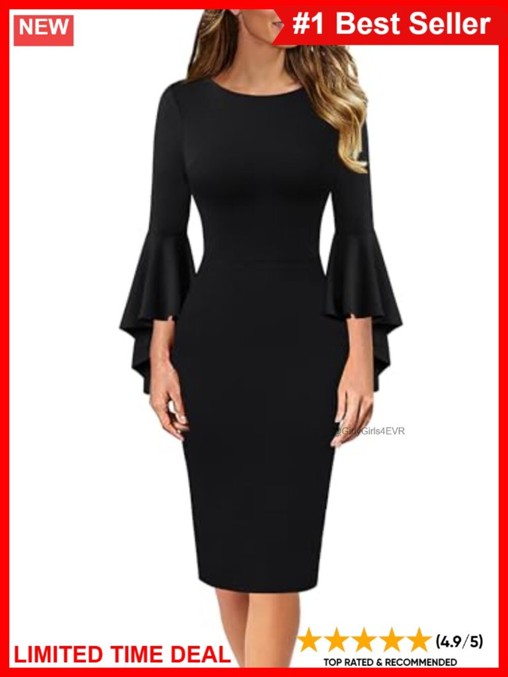 Ruffle Bell Sleeve Bodycon Cocktail Wedding Guest Dress